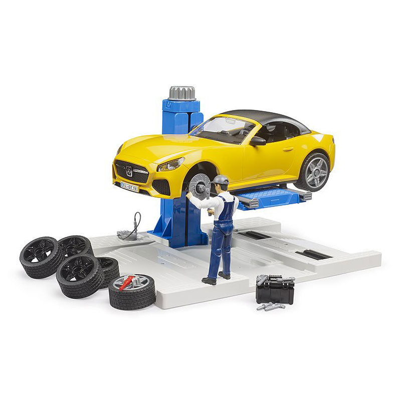 (B&D) 1/16 Bruder bworld Car Service Center with Bruder Roadster - Damaged Box