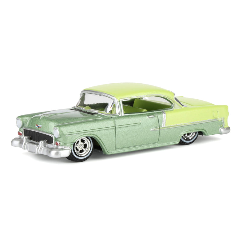 (B&D) 1/64 1956 Chevrolet Bel Air Lowrider, Crocus Yellow & Laurel Green Two-Tone, California Lowriders Series 7 - Damaged Box