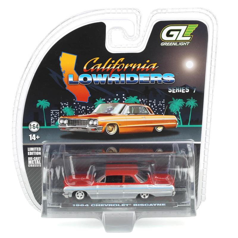 1/64 1964 Chevrolet Biscayne Lowrider, Silver Metallic & Red Two-Tone, California Lowriders Series 7