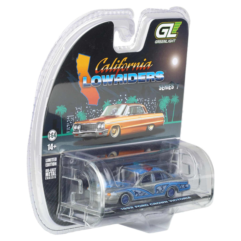Raw Chase Unit ~ 1/64 1992 Ford Crown Victoria Lowrider, Blue with Lightbar, California Lowriders Series 7 by GreenLight