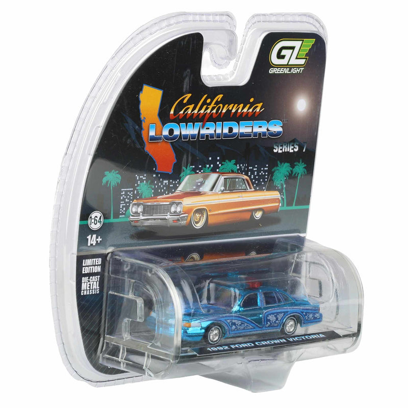 Blue Chrome Super Chase Unit ~ 1/64 1992 Ford Crown Victoria Lowrider, Blue with Lightbar, California Lowriders Series 7 by GreenLight