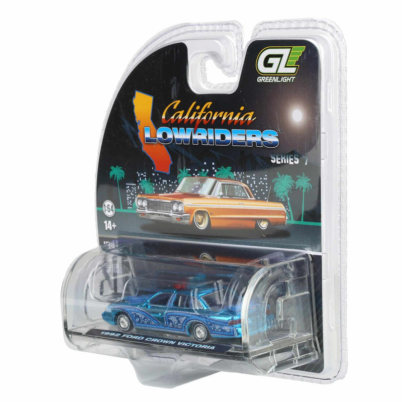 Blue Chrome Super Chase Unit ~ 1/64 1992 Ford Crown Victoria Lowrider, Blue with Lightbar, California Lowriders Series 7 by GreenLight