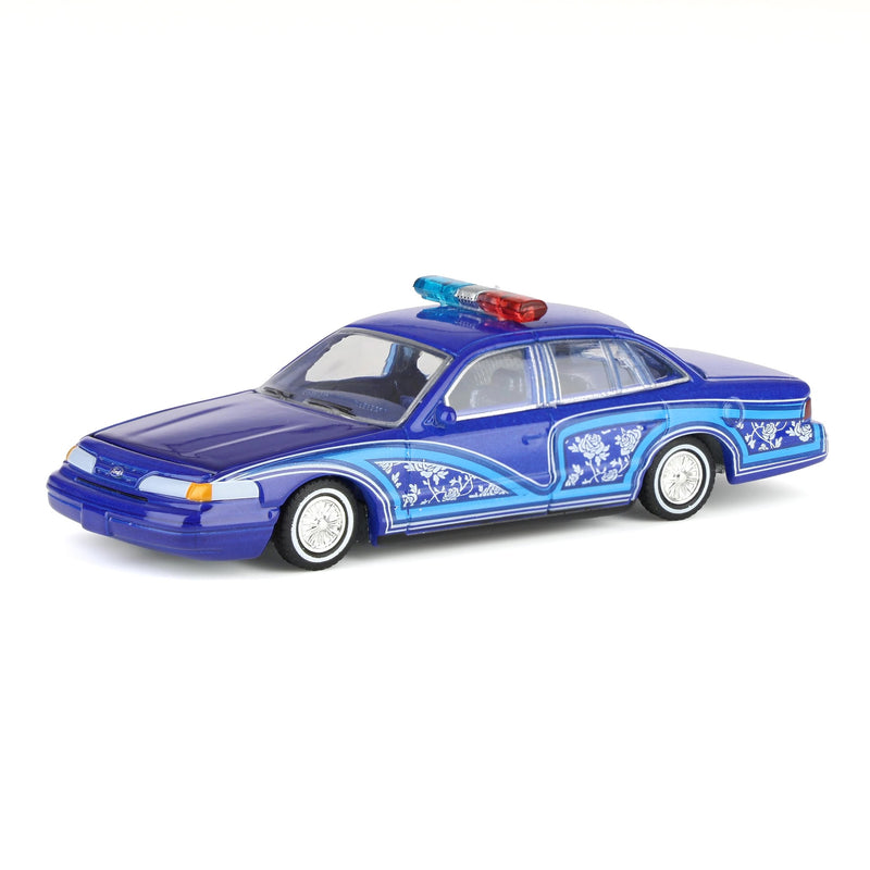 1/64 1992 Ford Crown Victoria Lowrider, Blue with Lightbar, California Lowriders Series 7