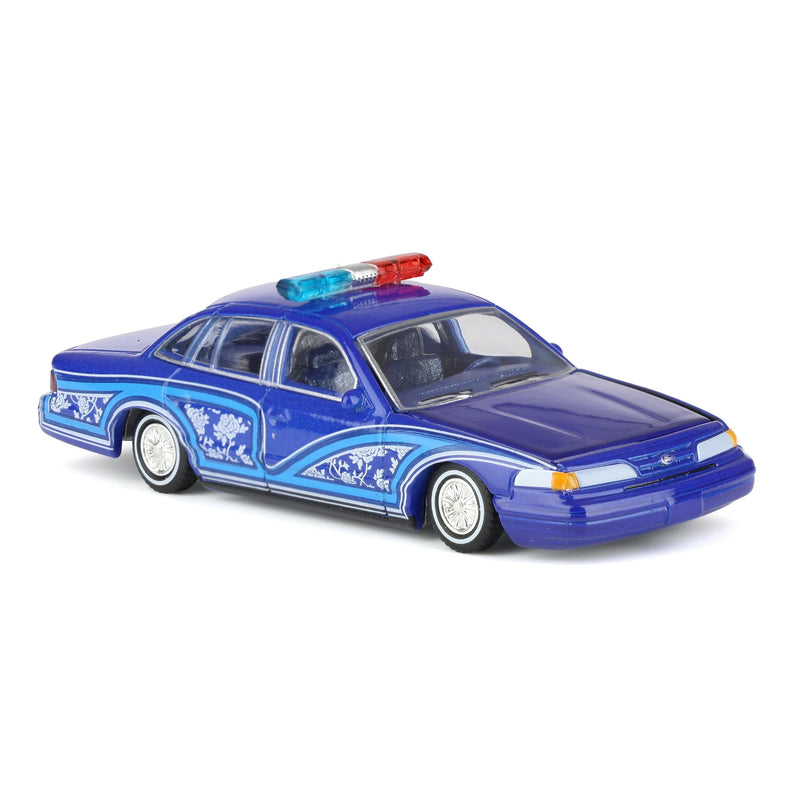 1/64 1992 Ford Crown Victoria Lowrider, Blue with Lightbar, California Lowriders Series 7