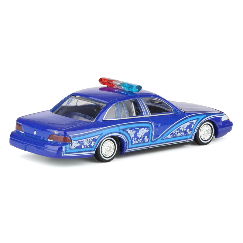 1/64 1992 Ford Crown Victoria Lowrider, Blue with Lightbar, California Lowriders Series 7