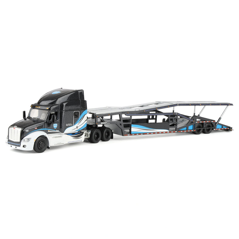 1/64 Peterbilt 579 Semi Truck with Car Hauler Trailer by Iconic Replicas, Black/Blue/White