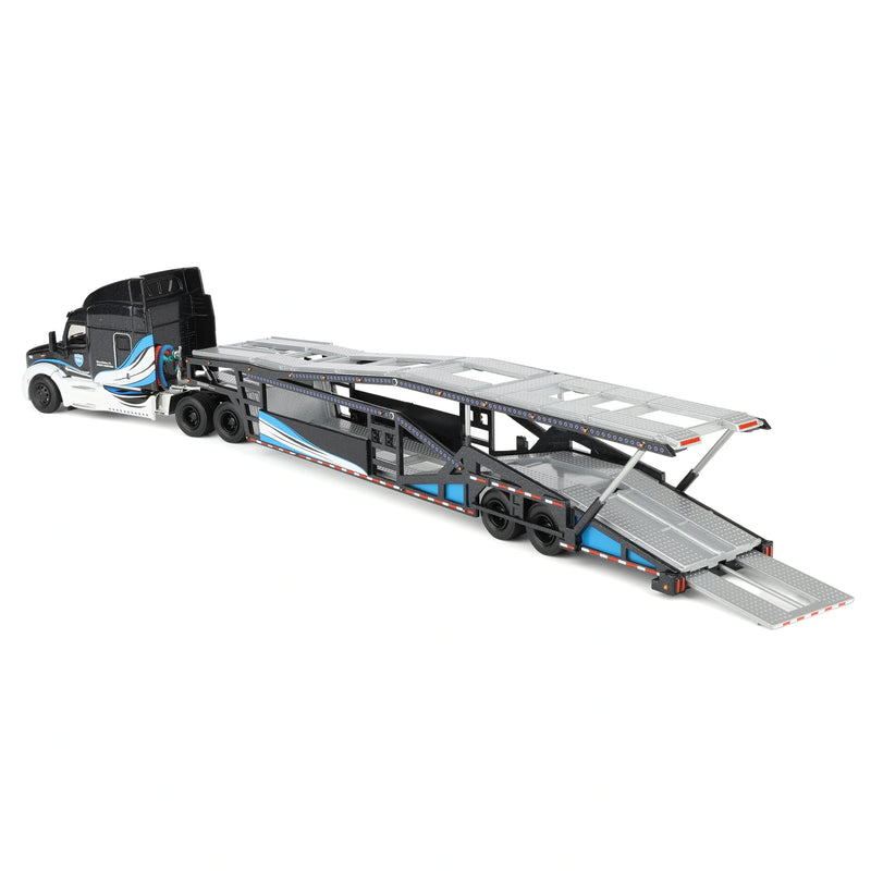 1/64 Peterbilt 579 Semi Truck with Car Hauler Trailer by Iconic Replicas, Black/Blue/White