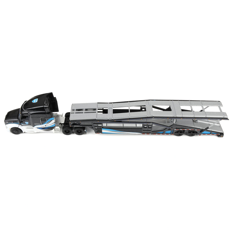 1/64 Peterbilt 579 Semi Truck with Car Hauler Trailer by Iconic Replicas, Black/Blue/White