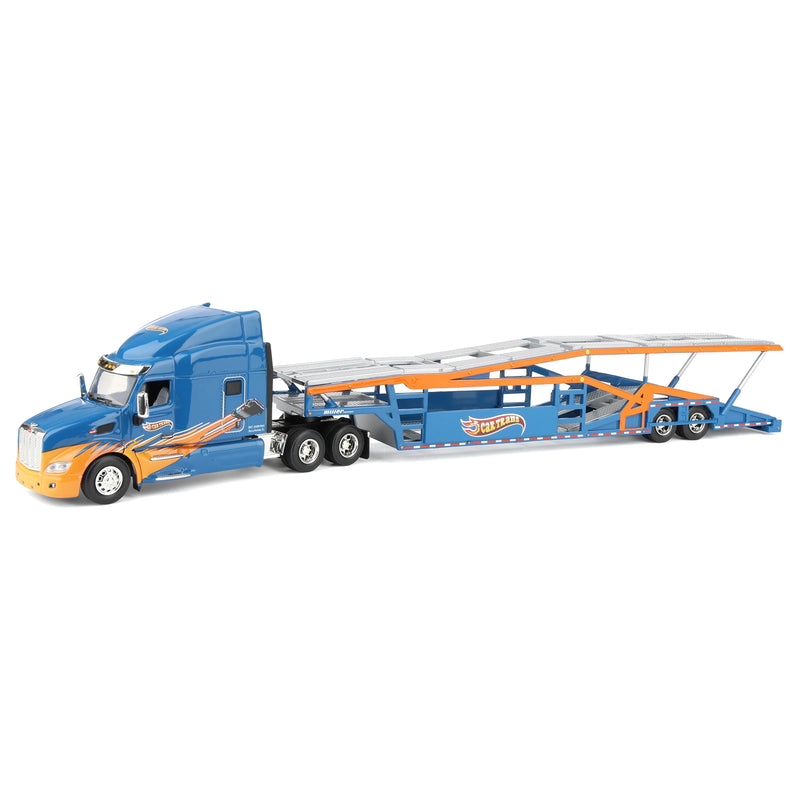 1/64 Peterbilt 579 Semi Truck with Car Hauler Trailer by Iconic Replicas, CarTrans Blue/Orange