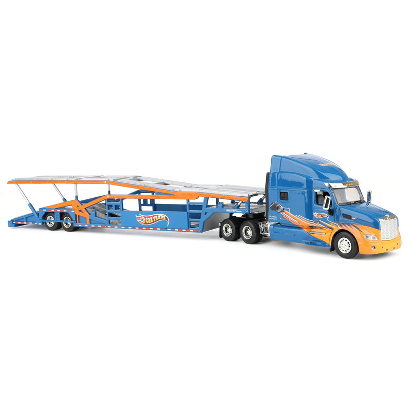 1/64 Peterbilt 579 Semi Truck with Car Hauler Trailer by Iconic Replicas, CarTrans Blue/Orange