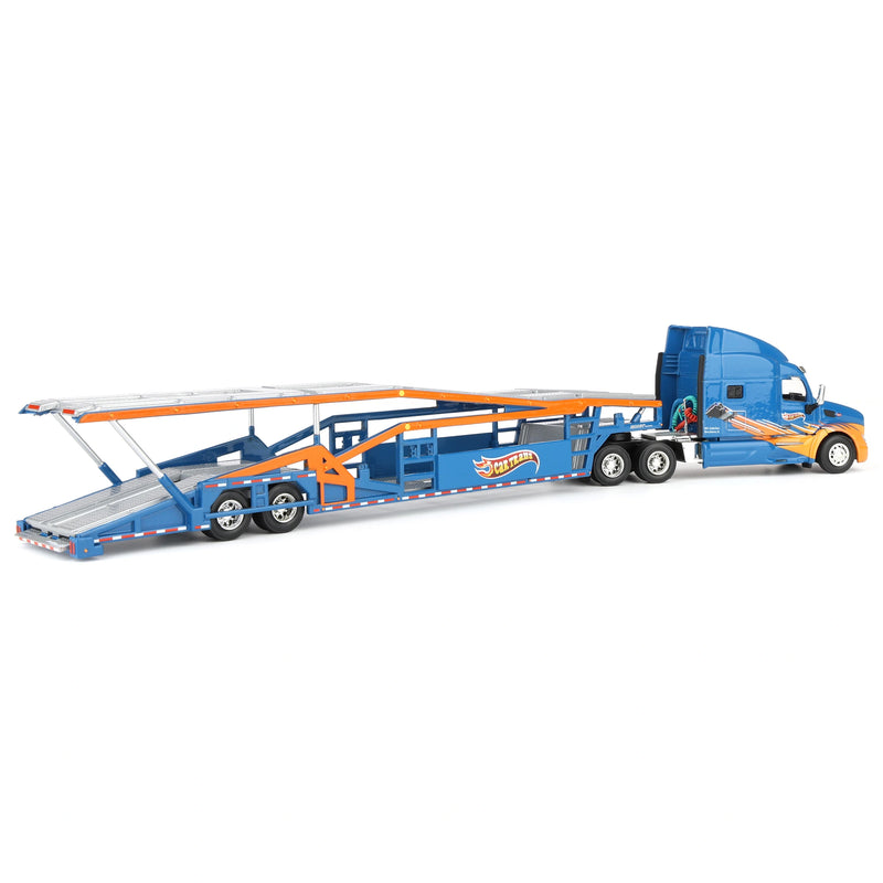 1/64 Peterbilt 579 Semi Truck with Car Hauler Trailer by Iconic Replicas, CarTrans Blue/Orange