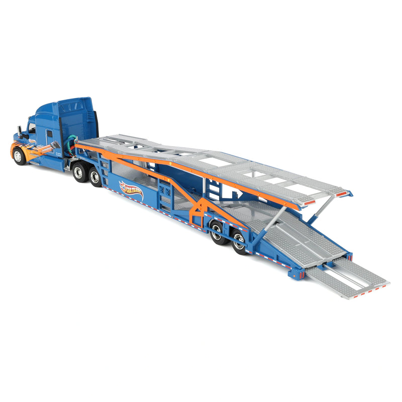 1/64 Peterbilt 579 Semi Truck with Car Hauler Trailer by Iconic Replicas, CarTrans Blue/Orange