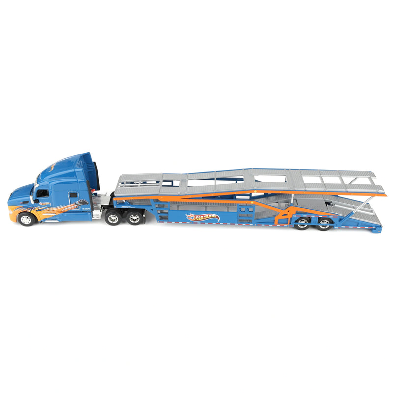 1/64 Peterbilt 579 Semi Truck with Car Hauler Trailer by Iconic Replicas, CarTrans Blue/Orange