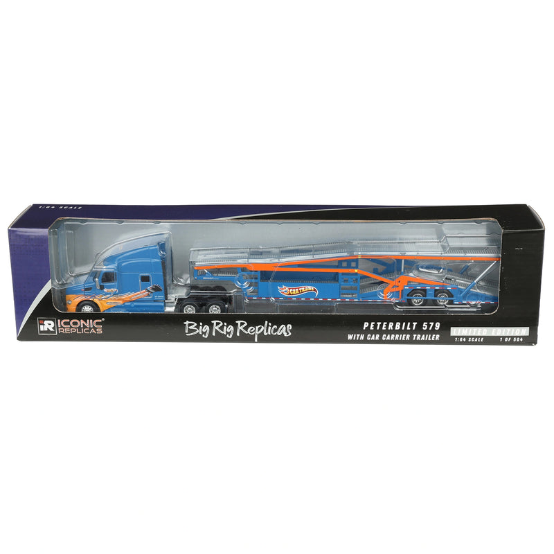 1/64 Peterbilt 579 Semi Truck with Car Hauler Trailer by Iconic Replicas, CarTrans Blue/Orange
