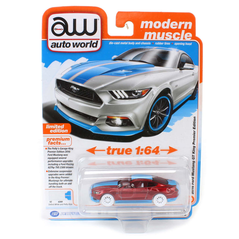 White Lightning Chase ~ 1/64 Petty’s Garage 2017 Ford Mustang GT Tribute Edition with Petty Garage Logos, White, Auto World