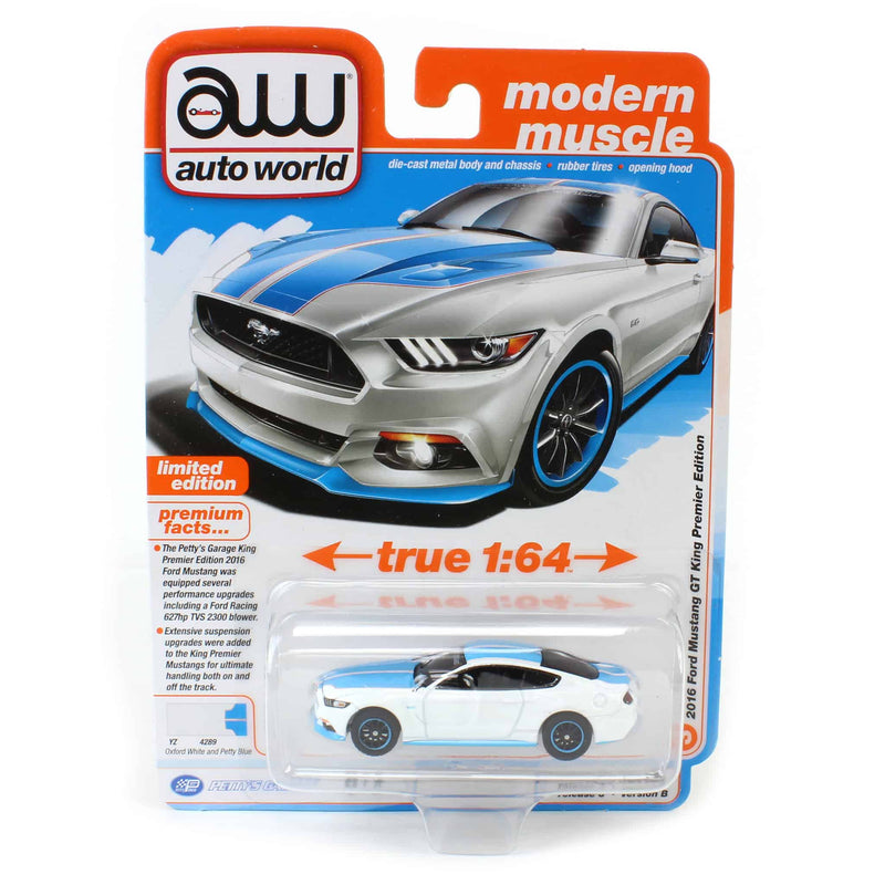 1/64 Petty’s Garage 2017 Ford Mustang GT Tribute Edition with Petty Garage Logos, White, Auto World