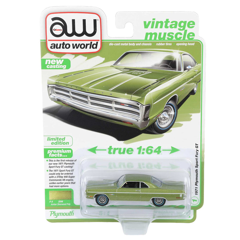 1/64 1971 Plymouth Sport Fury GT, Amber Sherwood Poly, Auto World Vintage Muscle Series