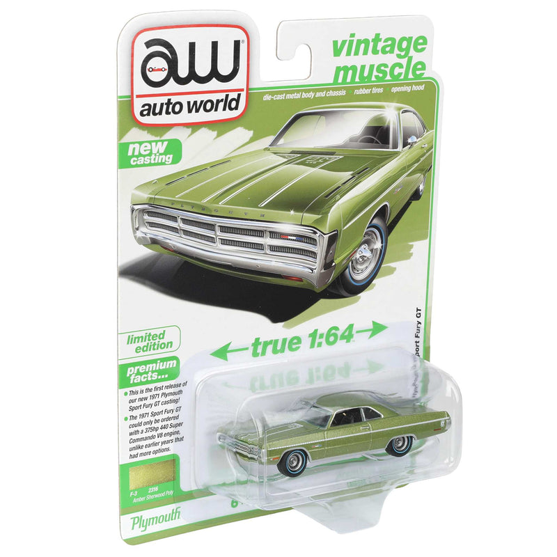 1/64 1971 Plymouth Sport Fury GT, Amber Sherwood Poly, Auto World Vintage Muscle Series