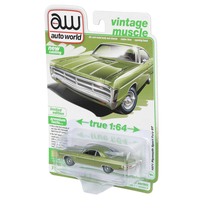 1/64 1971 Plymouth Sport Fury GT, Amber Sherwood Poly, Auto World Vintage Muscle Series