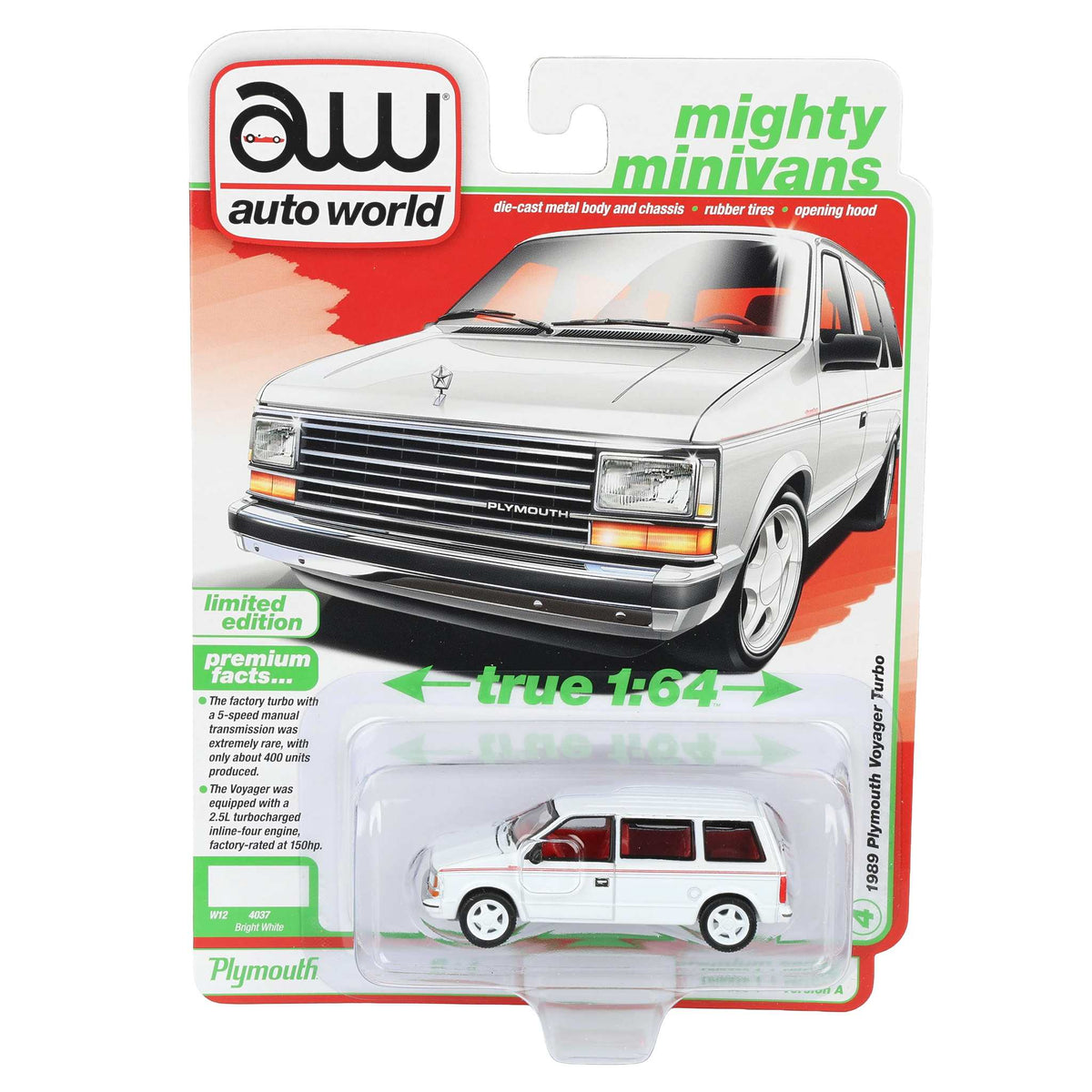 1/64 1989 Plymouth Voyager Turbo, Bright White, Auto World Mighty
