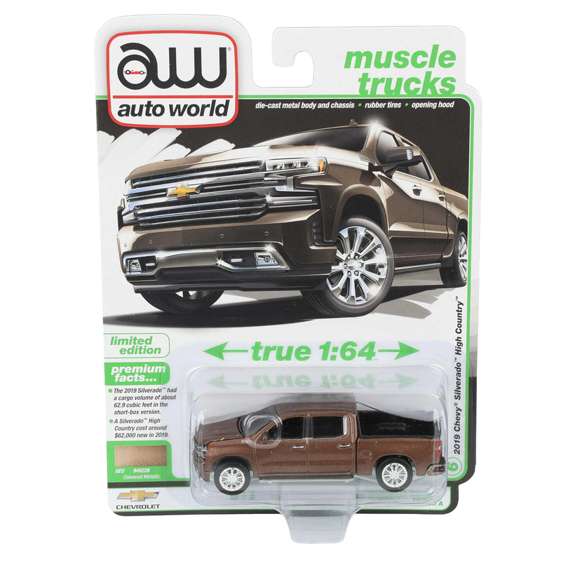 1/64 2019 Chevy Silverado High Country Pickup Truck, Oakwood Metallic, Auto World Muscle Trucks Series