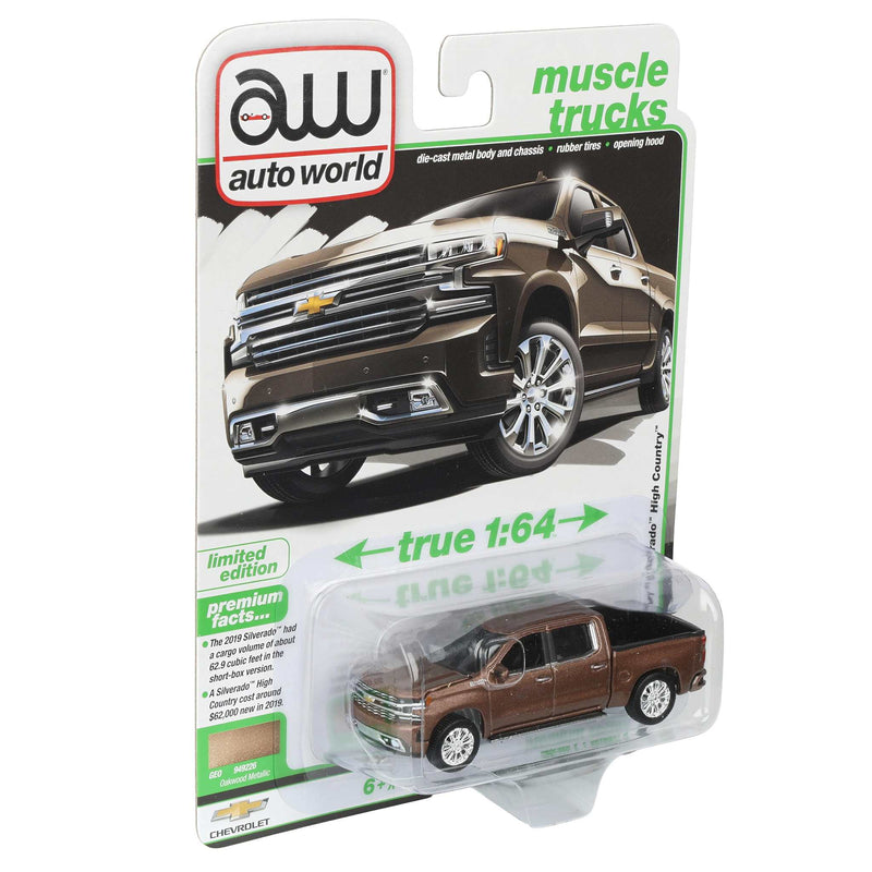 1/64 2019 Chevy Silverado High Country Pickup Truck, Oakwood Metallic, Auto World Muscle Trucks Series