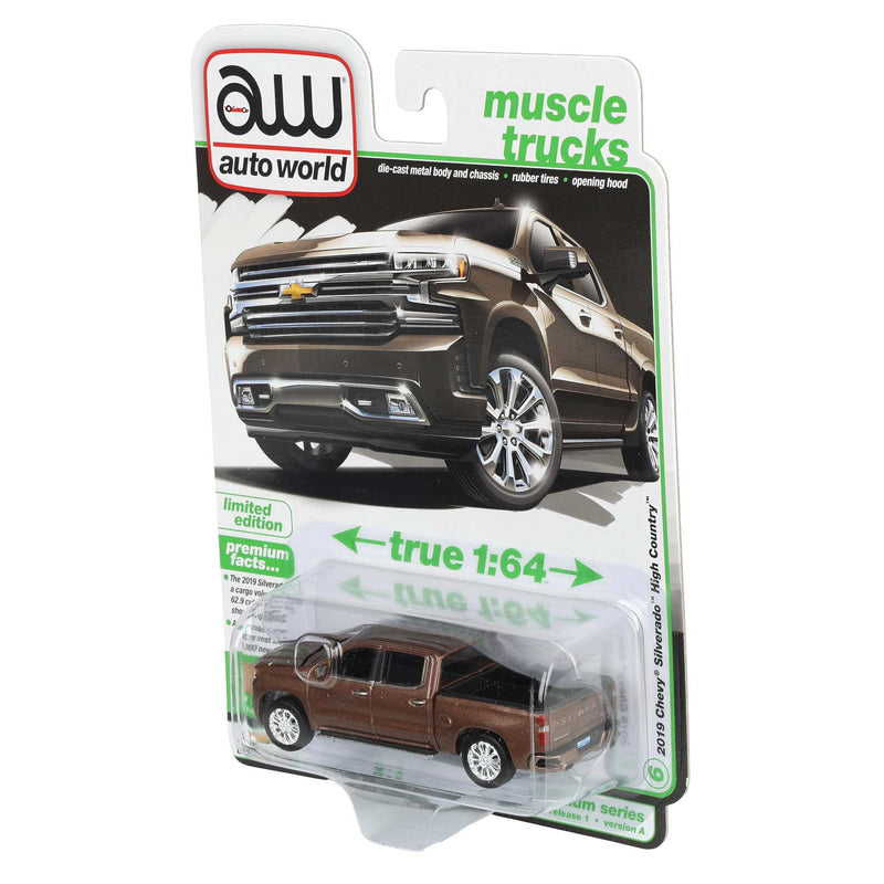 1/64 2019 Chevy Silverado High Country Pickup Truck, Oakwood Metallic, Auto World Muscle Trucks Series