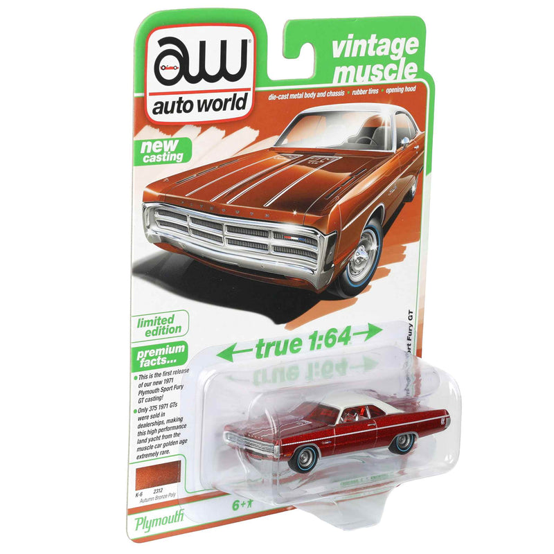 Ultra Red Chase Unit ~ 1/64 1971 Plymouth Sport Fury GT, Autumn Bronze Poly, Auto World Vintage Muscle Series