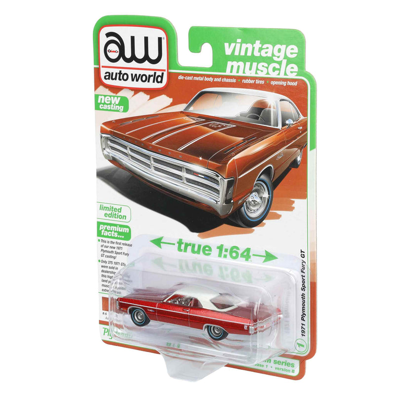 Ultra Red Chase Unit ~ 1/64 1971 Plymouth Sport Fury GT, Autumn Bronze Poly, Auto World Vintage Muscle Series