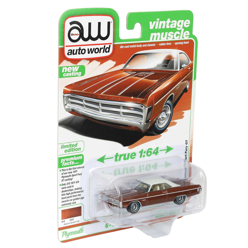 1/64 1971 Plymouth Sport Fury GT, Autumn Bronze Poly, Auto World Vintage Muscle Series