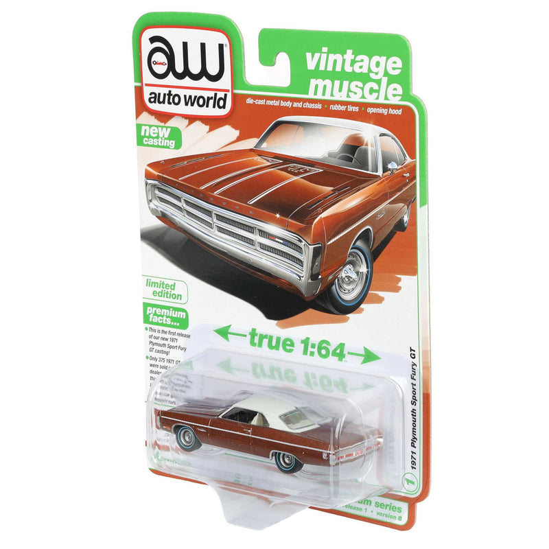 1/64 1971 Plymouth Sport Fury GT, Autumn Bronze Poly, Auto World Vintage Muscle Series