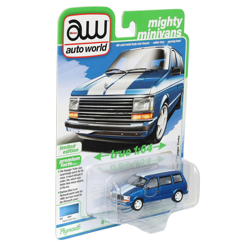 1/64 1989 Plymouth Voyager Turbo, Daytona Blue Poly, Auto World Mighty Minivans Series