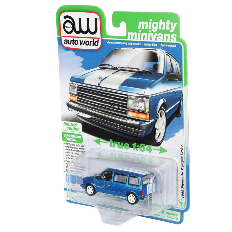 1/64 1989 Plymouth Voyager Turbo, Daytona Blue Poly, Auto World Mighty Minivans Series