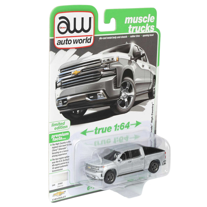 1/64 2019 Chevy Silverado High Country Pickup Truck, Silver Ice, Auto World Muscle Trucks Series