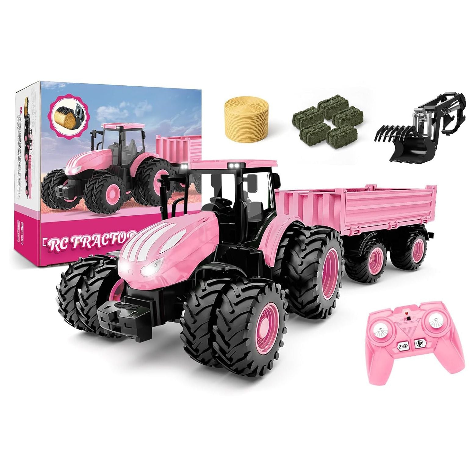 1/24 Remote Control Pink Tractor Toy Set with Trailer, Loader, Duals ...