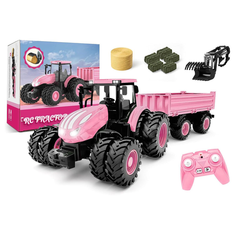 1/24 Remote Control Pink Tractor Toy Set with Trailer, Loader, Duals, Lights, & Accessories by Uarzt, Great for Play!