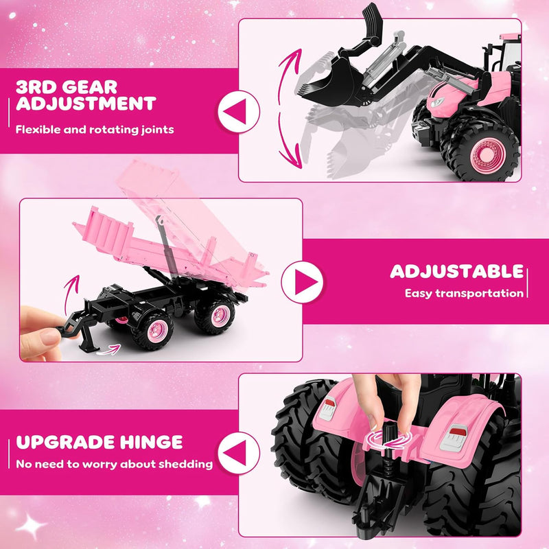1/24 Remote Control Pink Tractor Toy Set with Trailer, Loader, Duals, Lights, & Accessories by Uarzt, Great for Play!