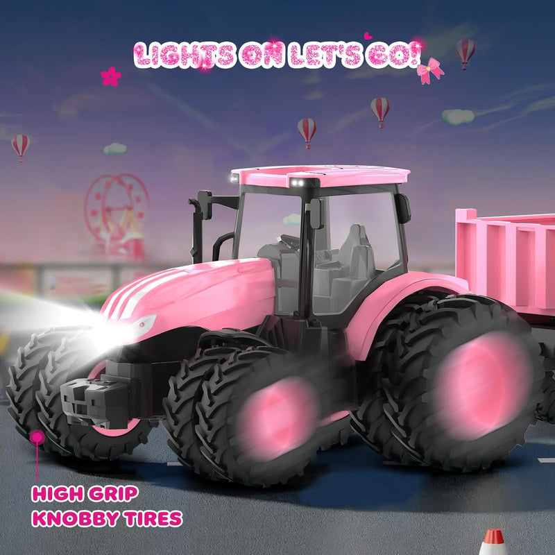 1/24 Remote Control Pink Tractor Toy Set with Trailer, Loader, Duals, Lights, & Accessories by Uarzt, Great for Play!
