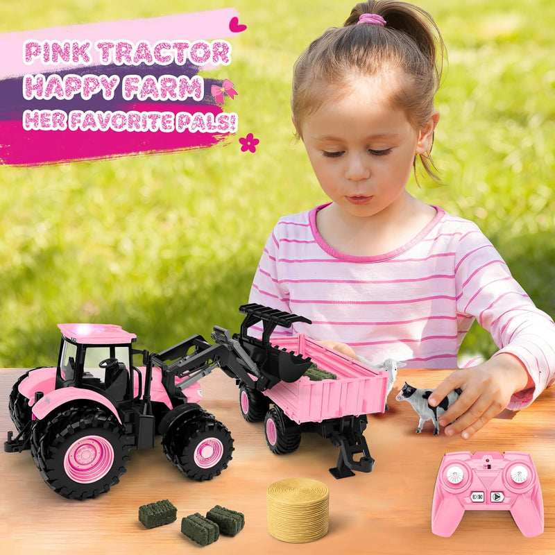 1/24 Remote Control Pink Tractor Toy Set with Trailer, Loader, Duals, Lights, & Accessories by Uarzt, Great for Play!