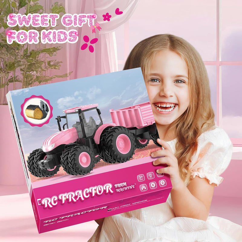 1/24 Remote Control Pink Tractor Toy Set with Trailer, Loader, Duals, Lights, & Accessories by Uarzt, Great for Play!