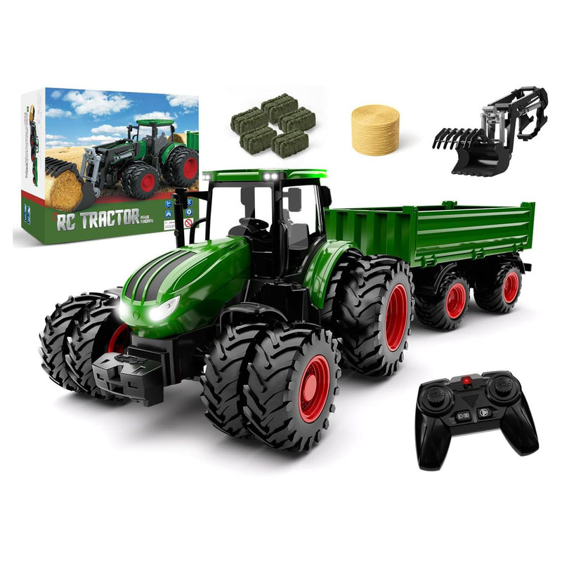 1/24 Remote Control Green Tractor Toy Set with Trailer, Loader, Duals, Lights, & Accessories by Uarzt, Great for Kids' Play!