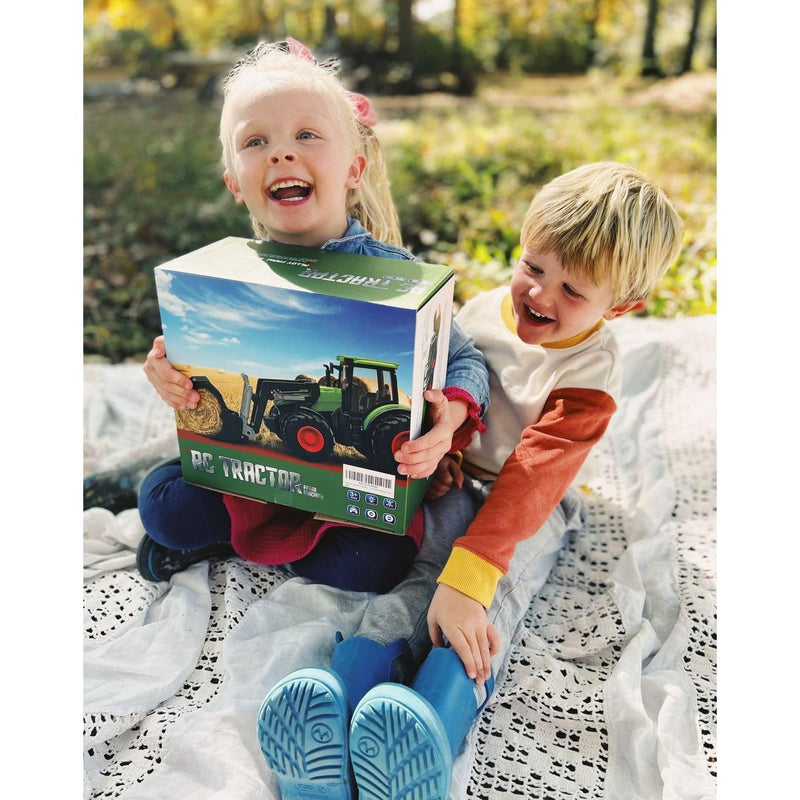 1/24 Remote Control Green Tractor Toy Set with Trailer, Loader, Duals, Lights, & Accessories by Uarzt, Great for Kids' Play!