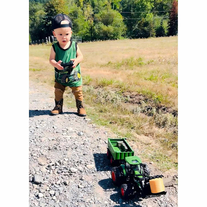 1/24 Remote Control Green Tractor Toy Set with Trailer, Loader, Duals, Lights, & Accessories by Uarzt, Great for Kids' Play!