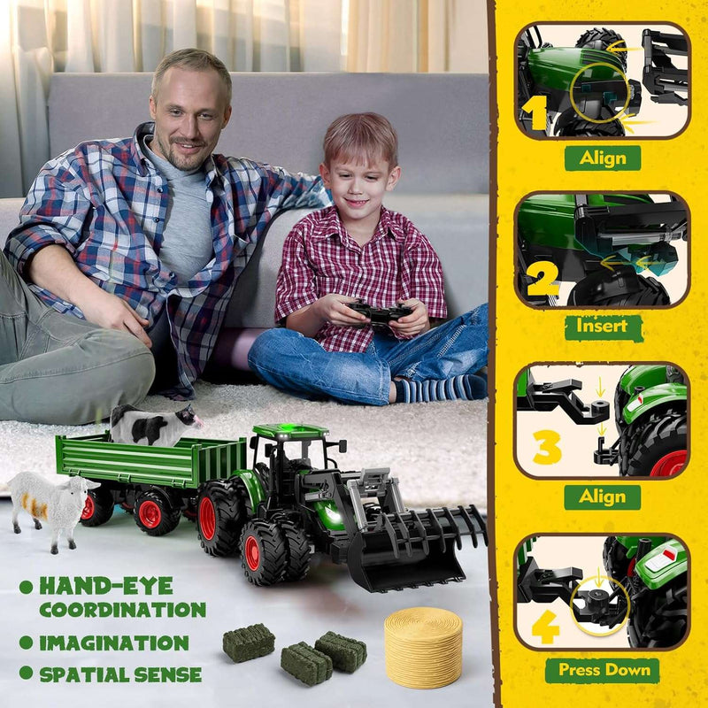 1/24 Remote Control Green Tractor Toy Set with Trailer, Loader, Duals, Lights, & Accessories by Uarzt, Great for Kids' Play!