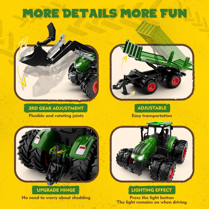 1/24 Remote Control Green Tractor Toy Set with Trailer, Loader, Duals, Lights, & Accessories by Uarzt, Great for Kids' Play!