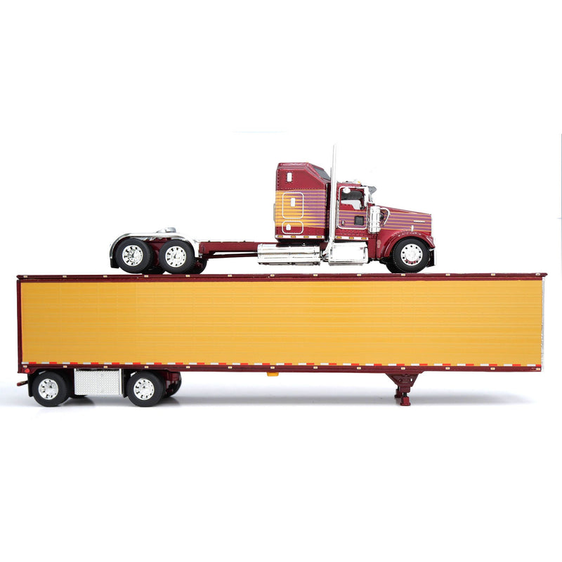 1/64 Kenworth W900L Semi Truck with Aero-One Sleeper & Spread-Axle Van Trailer, Red/Amber, 1 of 252, DCP by First Gear