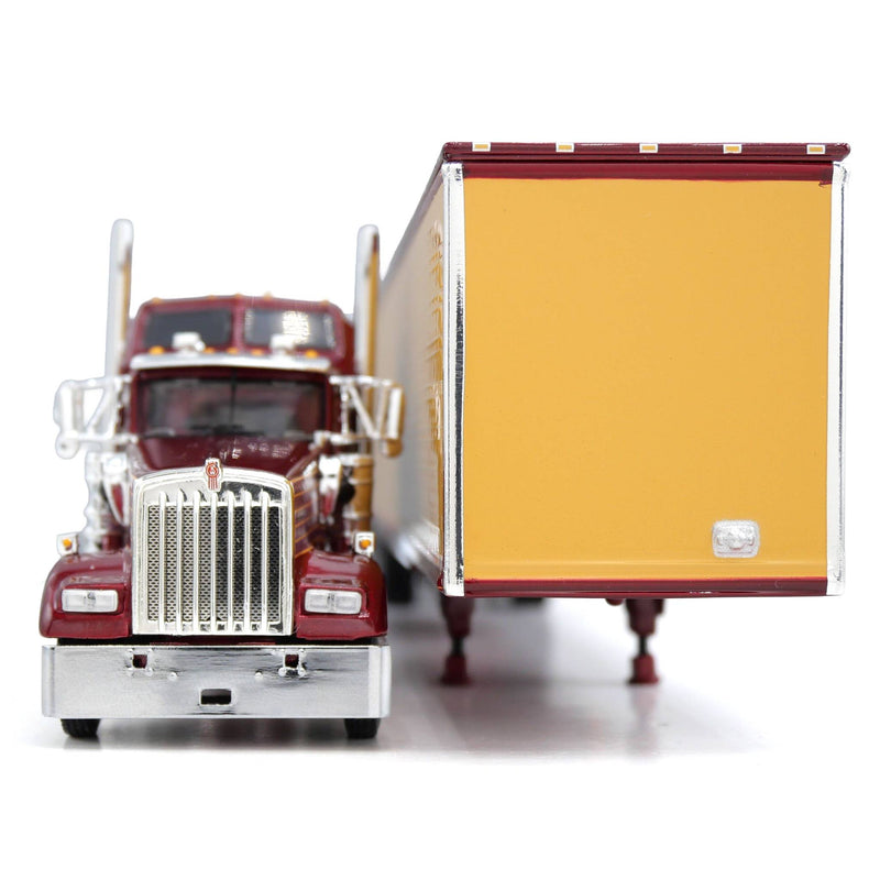 1/64 Kenworth W900L Semi Truck with Aero-One Sleeper & Spread-Axle Van Trailer, Red/Amber, 1 of 252, DCP by First Gear