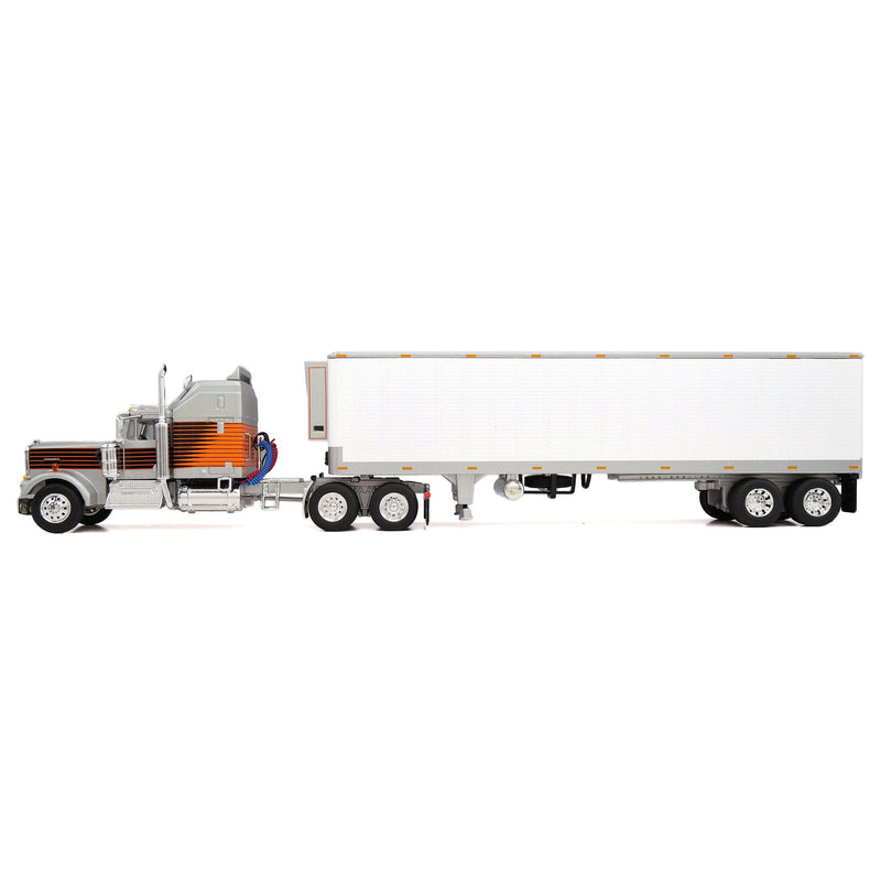 1/64 Kenworth W900A 60" Aerodyne Sleeper Semi Truck with 40' Vintage Reefer Trailer, Silver with Orange & Black Cowboy Stripe, DCP by First Gear