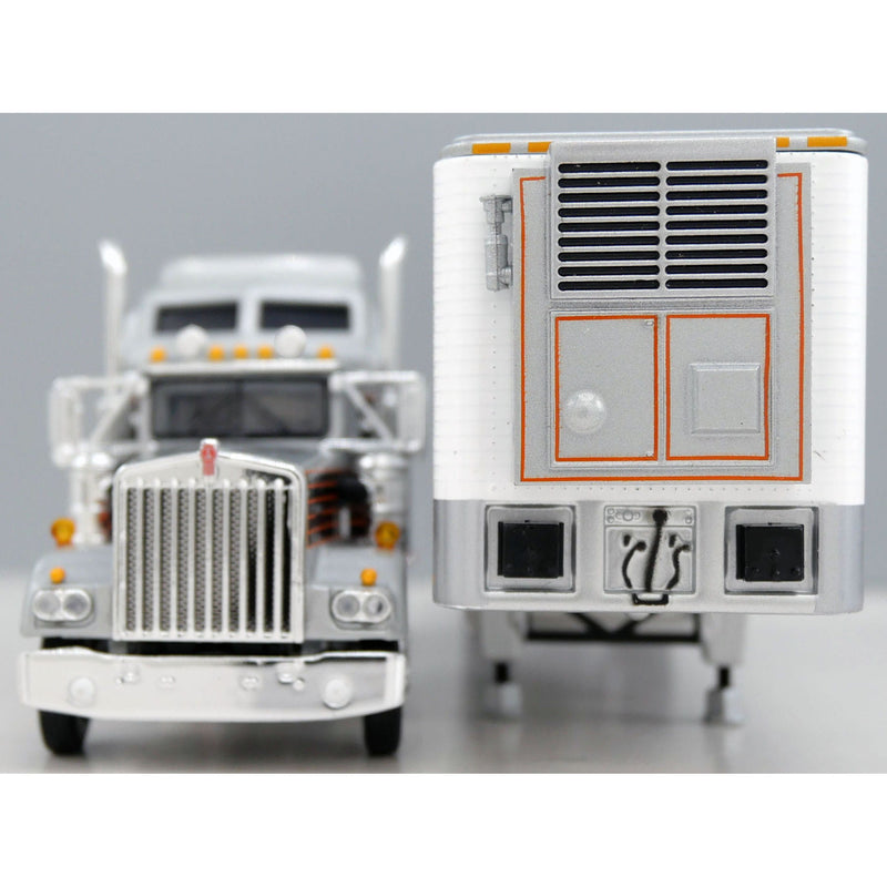 1/64 Kenworth W900A 60" Aerodyne Sleeper Semi Truck with 40' Vintage Reefer Trailer, Silver with Orange & Black Cowboy Stripe, DCP by First Gear