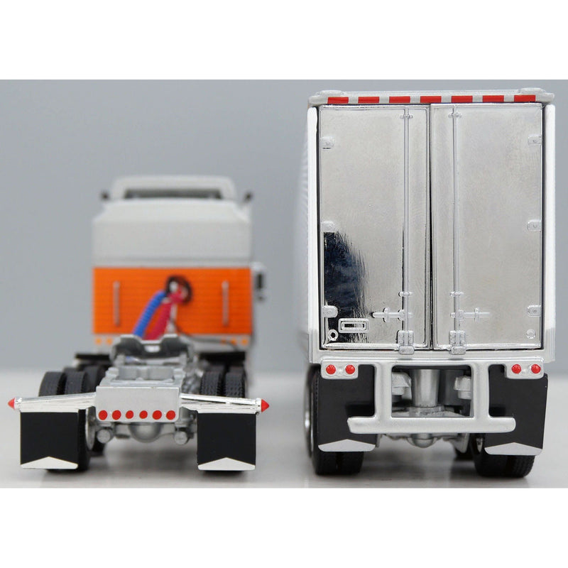 1/64 Kenworth W900A 60" Aerodyne Sleeper Semi Truck with 40' Vintage Reefer Trailer, Silver with Orange & Black Cowboy Stripe, DCP by First Gear
